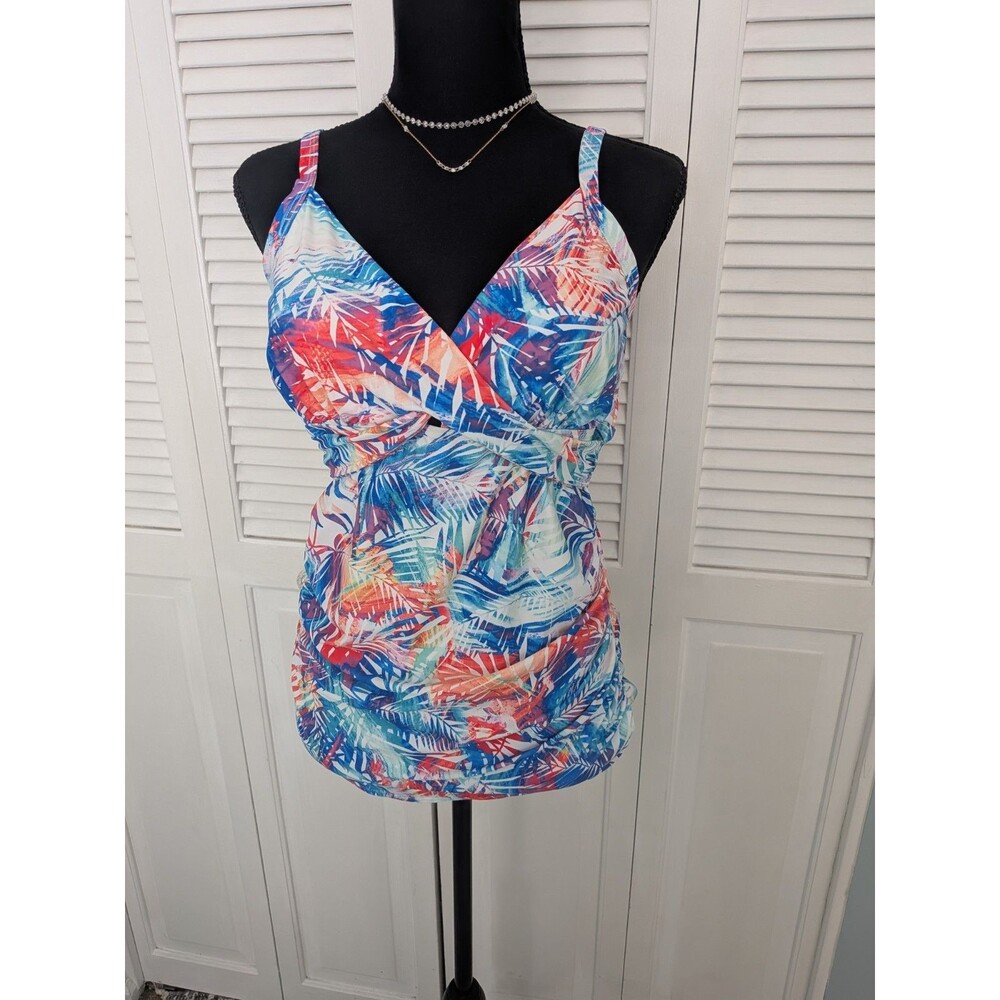 PINKBLUSH Maternity Halter Tankini Top Women's L Multi Blue Hawaiian Crisscross